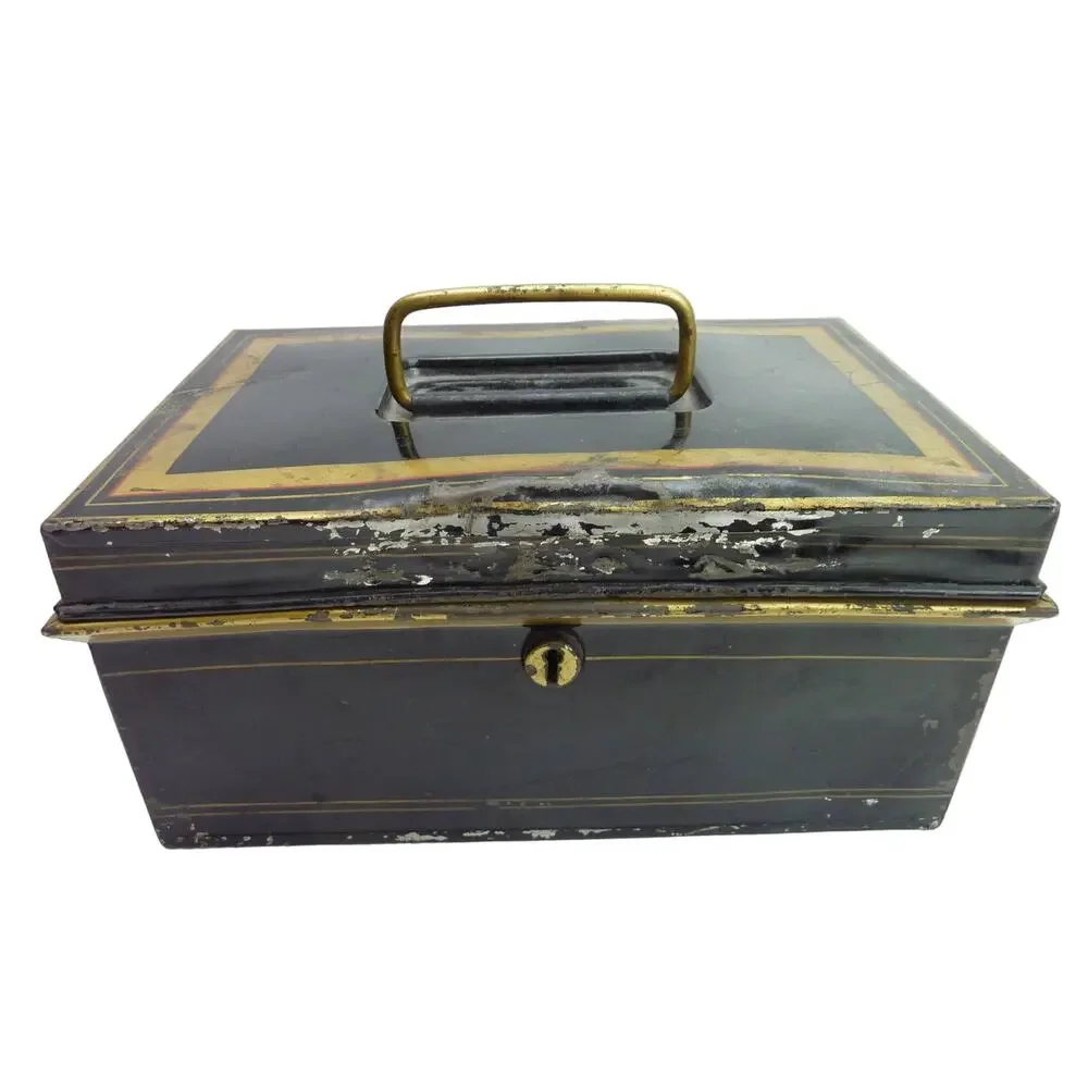 Damaged Antique Metal Cash Box Vintage 1920s Document Safe Black Pinstripe